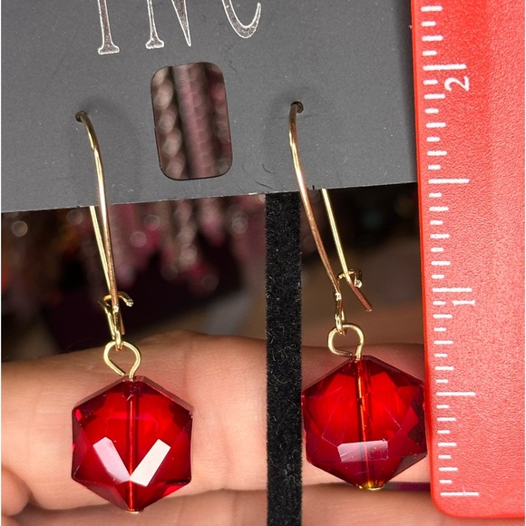 E19. INC International Concepts Red Crystal & Gold Hooks Dangle Earrings - Picture 3 of 4